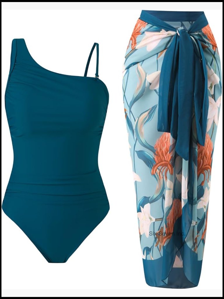 Tummy Control One Piece Swimsuit With Wrap Skirt Cover Up Set